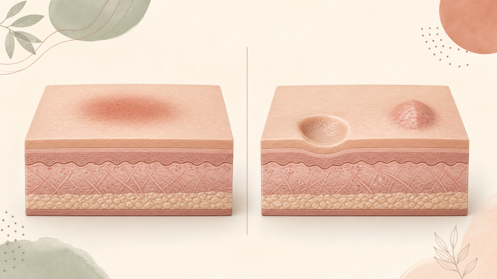 Clinical illustration comparing a flat post-acne colour mark with a textural acne scar