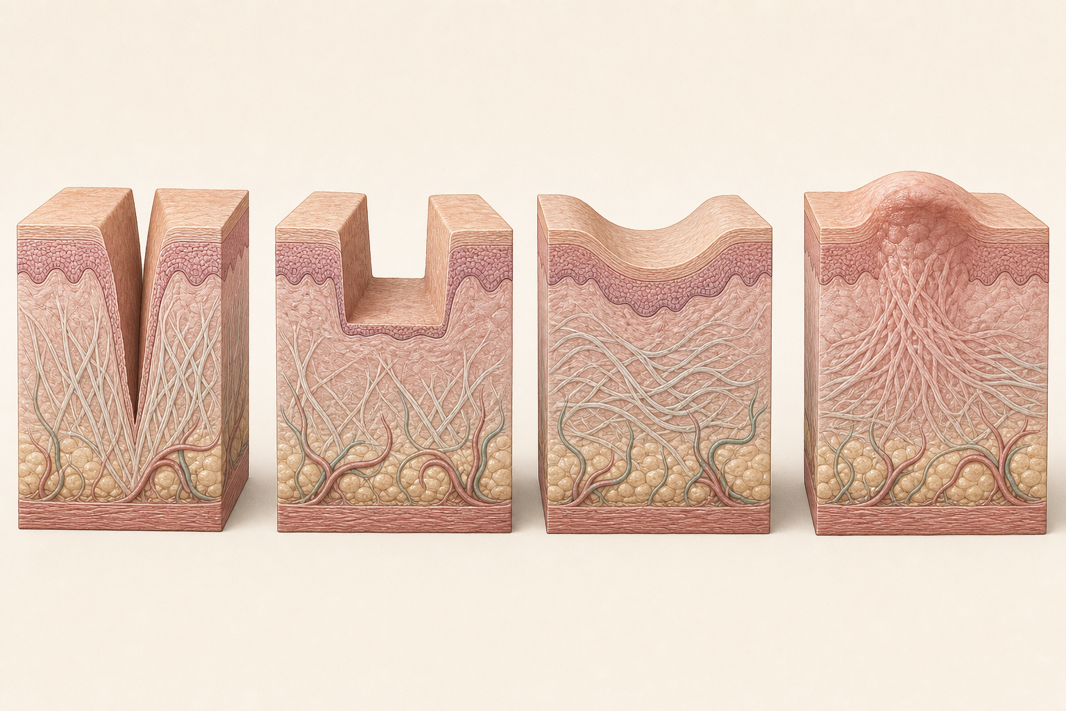 Clinical cross-sections of ice-pick, boxcar, rolling, and raised acne-scar patterns