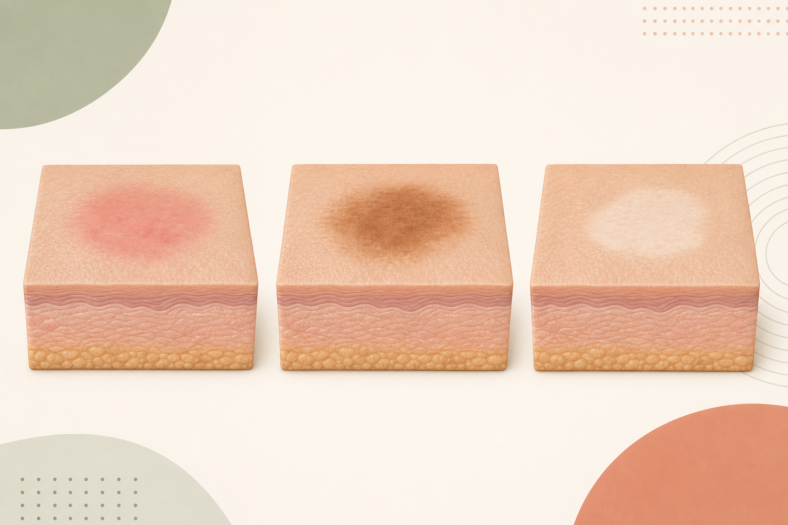 Clinical cross-sections showing flat red, brown, and lighter post-acne colour changes