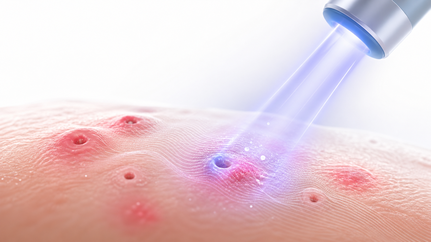 Abstract visualization of acne blemishes being treated with a focused laser beam