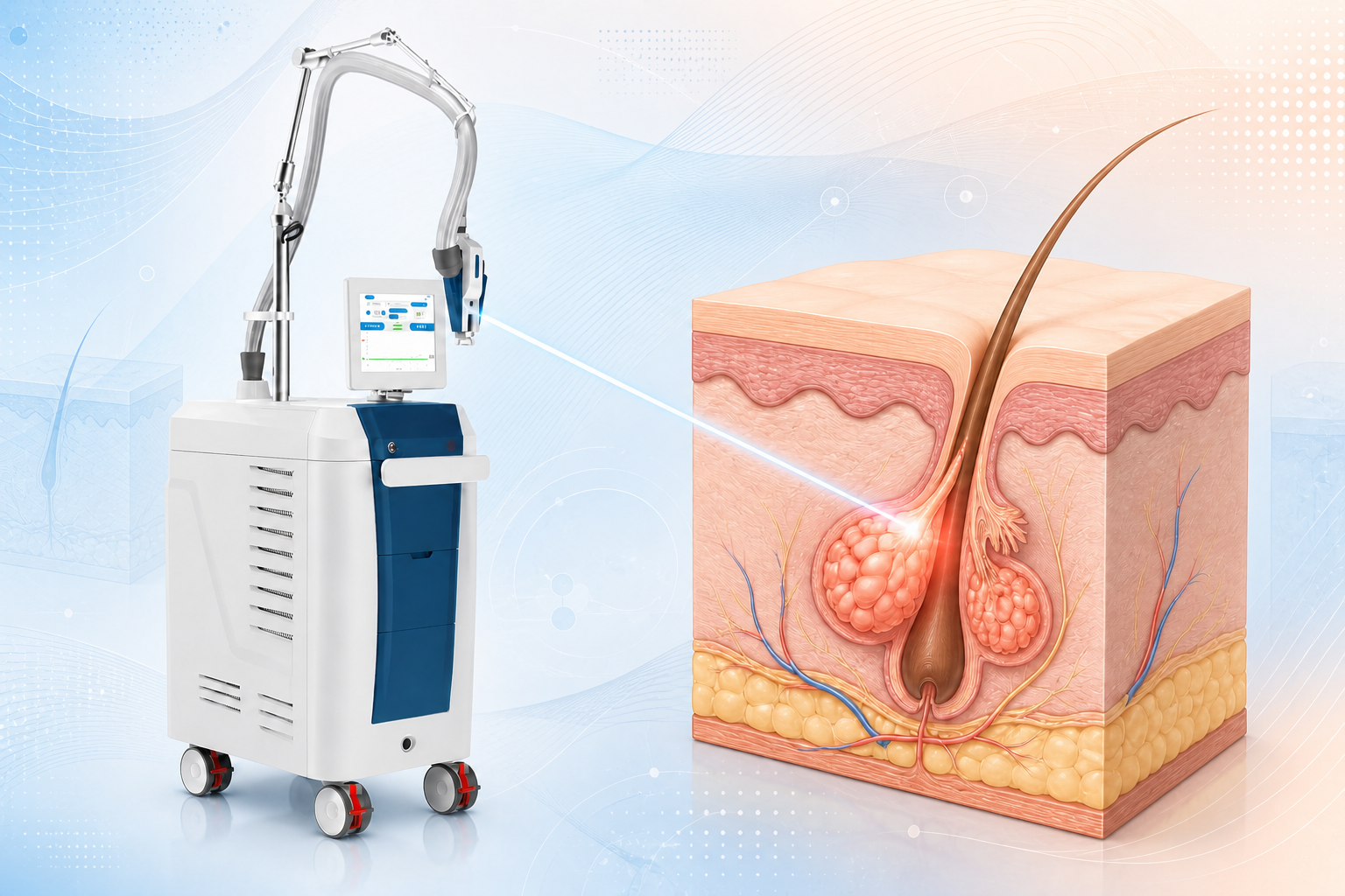 Clinical illustration of the Accure device and a sebaceous-gland target