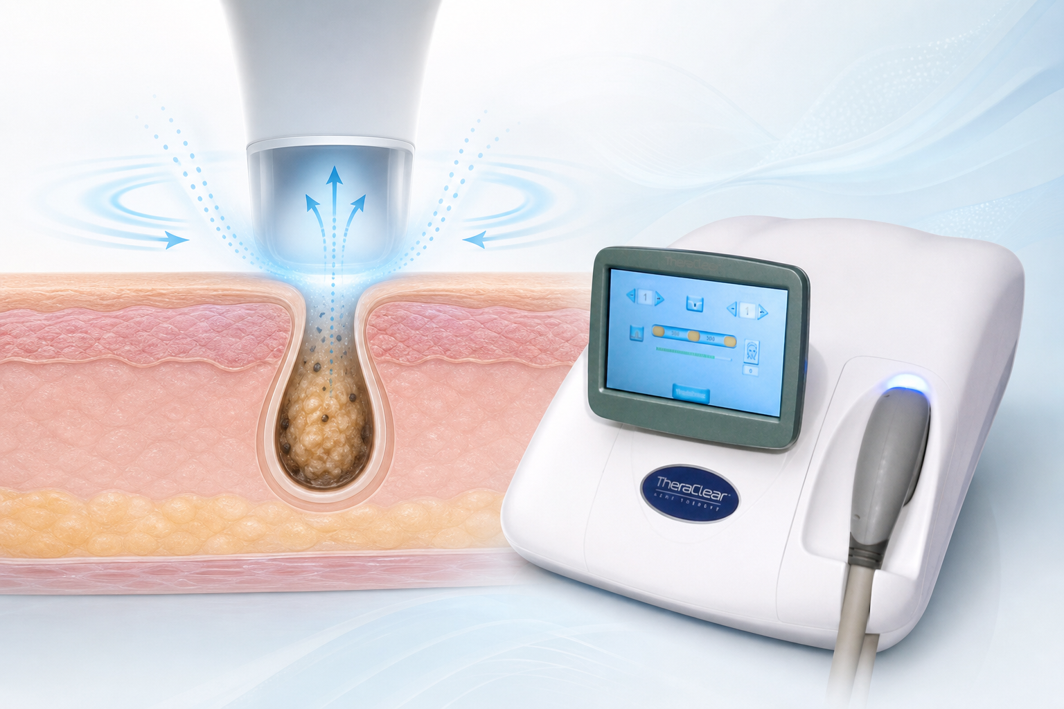 Clinical illustration of the TheraClear device and a pore-clearance concept